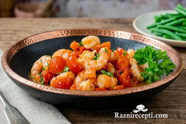 Prženi škampi beli luk paradajz
